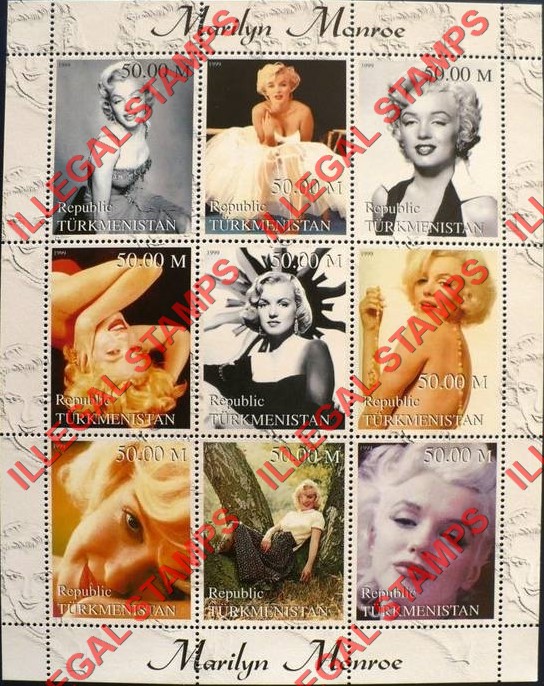 Turkmenistan 1999 Marilyn Monroe Illegal Stamp Souvenir Sheet of 9