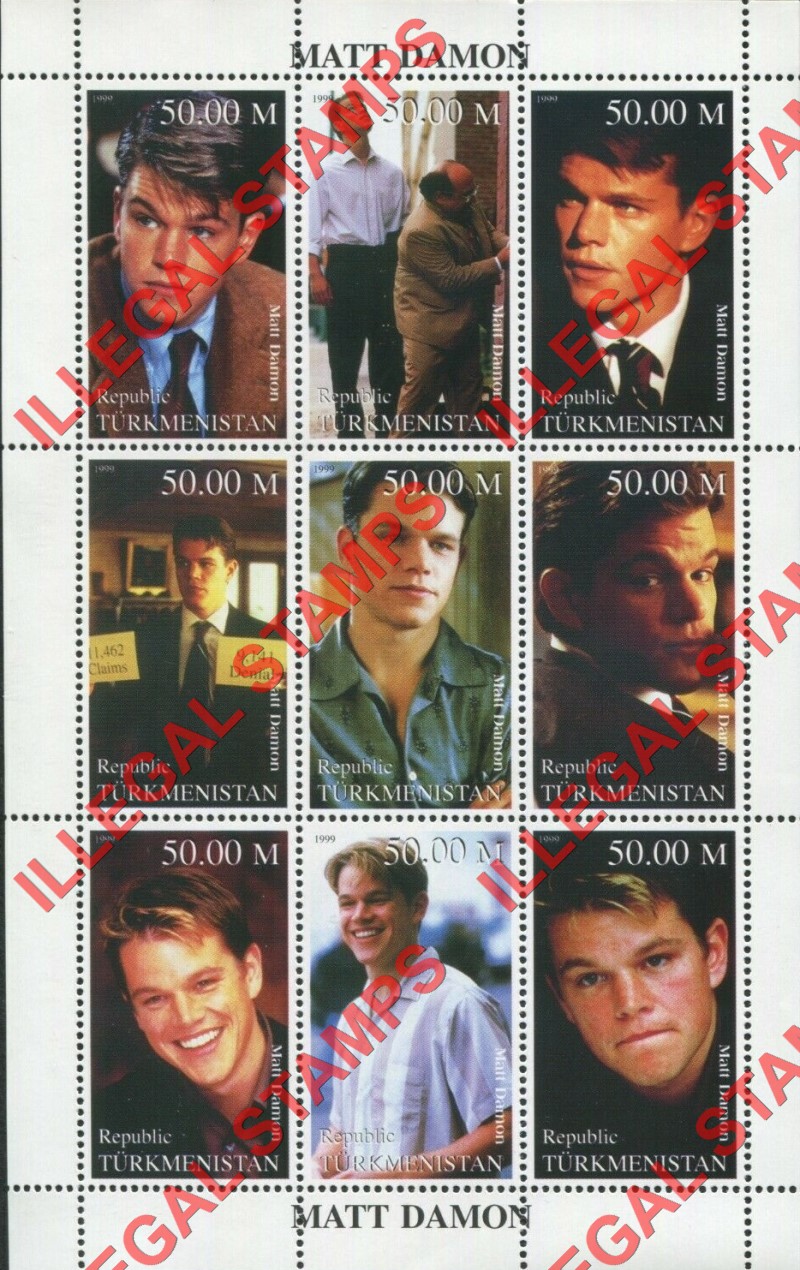 Turkmenistan 1999 Matt Damon Illegal Stamp Souvenir Sheet of 9
