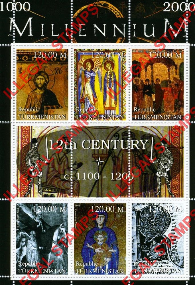 Turkmenistan 1999 Millenium Series 12th Century Illegal Stamp Souvenir Sheet of 6