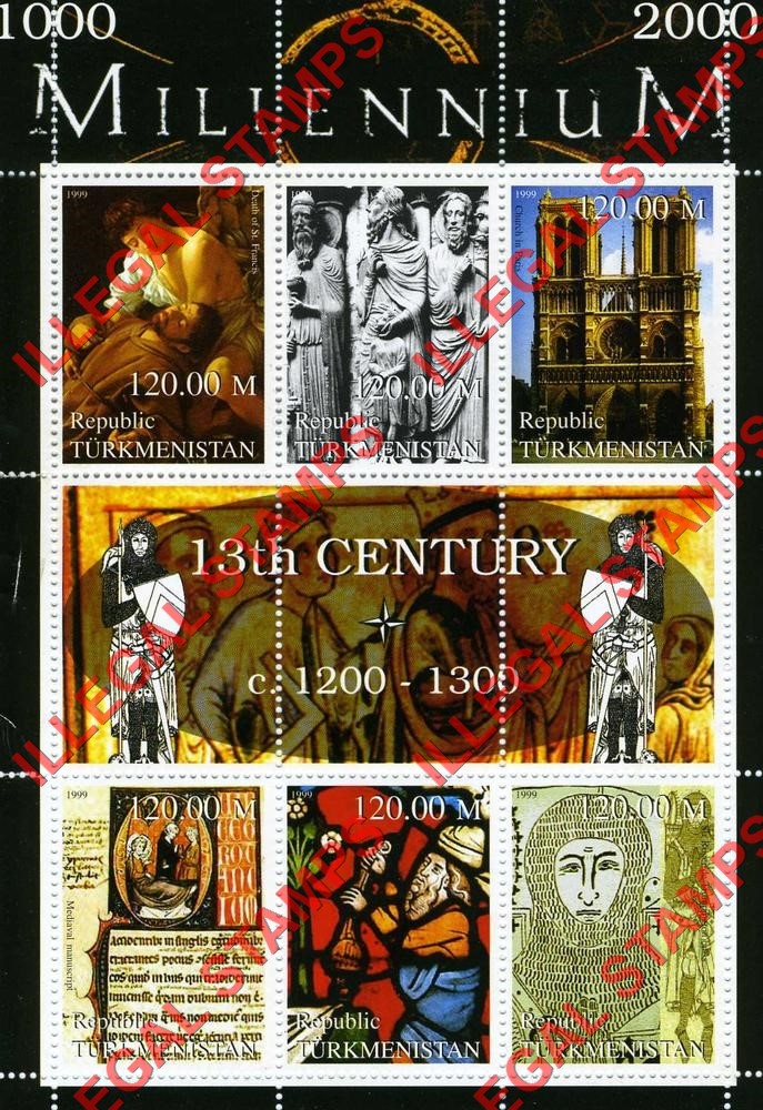 Turkmenistan 1999 Millenium Series 13th Century Illegal Stamp Souvenir Sheet of 6