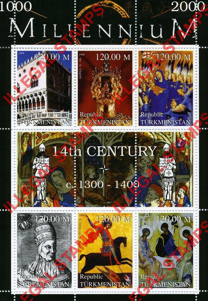Turkmenistan 1999 Millenium Series 14th Century Illegal Stamp Souvenir Sheet of 6