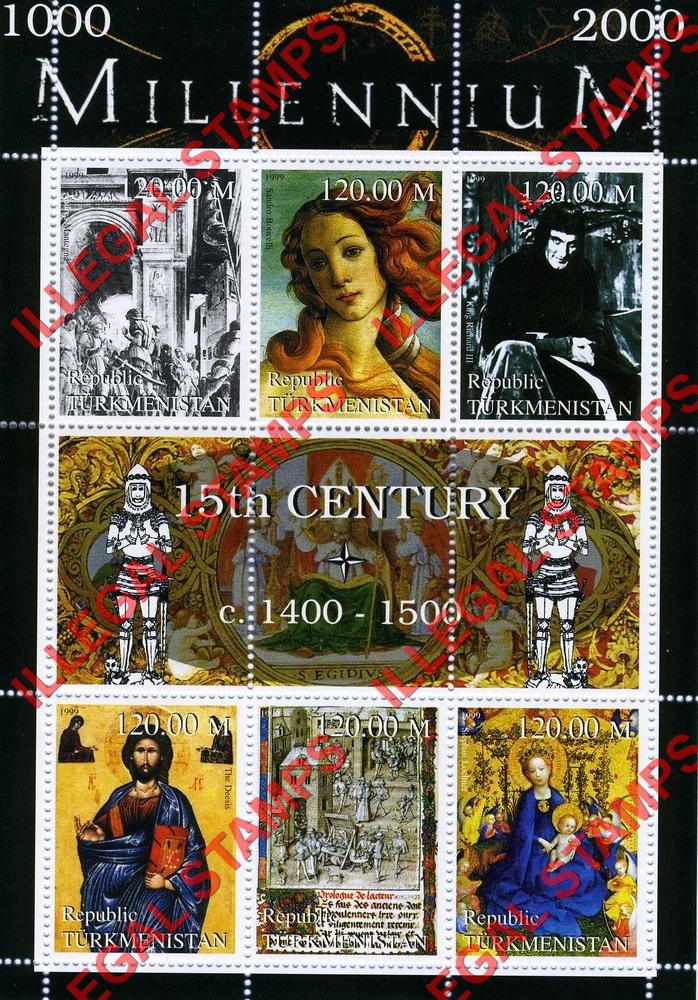 Turkmenistan 1999 Millenium Series 15th Century Illegal Stamp Souvenir Sheet of 6