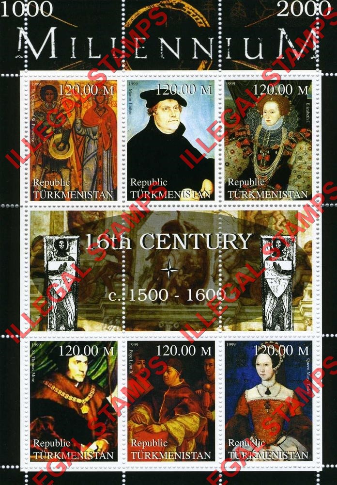 Turkmenistan 1999 Millenium Series 16th Century Illegal Stamp Souvenir Sheet of 6
