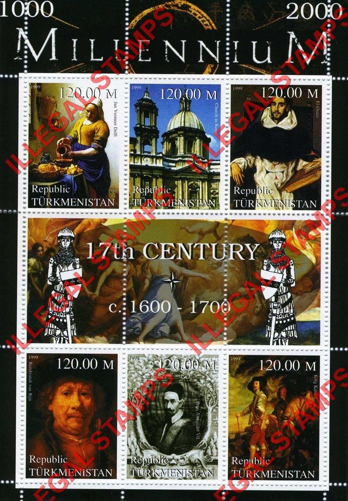 Turkmenistan 1999 Millenium Series 17th Century Illegal Stamp Souvenir Sheet of 6