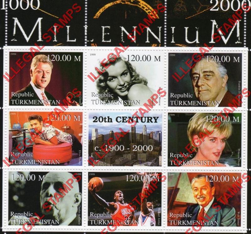 Turkmenistan 1999 Millenium Series 20th Century Illegal Stamp Souvenir Sheet of 6 (Sheet 1)