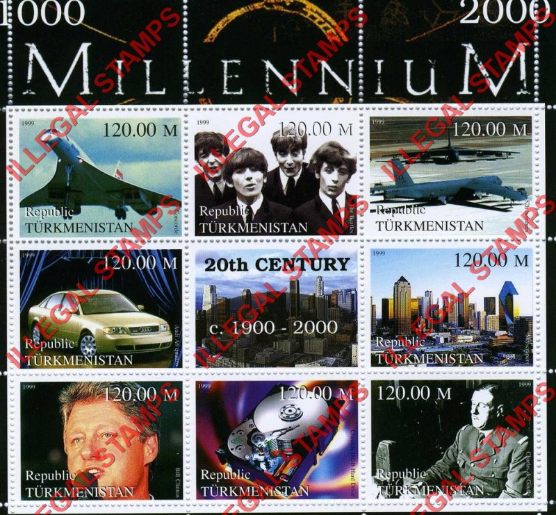 Turkmenistan 1999 Millenium Series 20th Century Illegal Stamp Souvenir Sheet of 6 (Sheet 2)