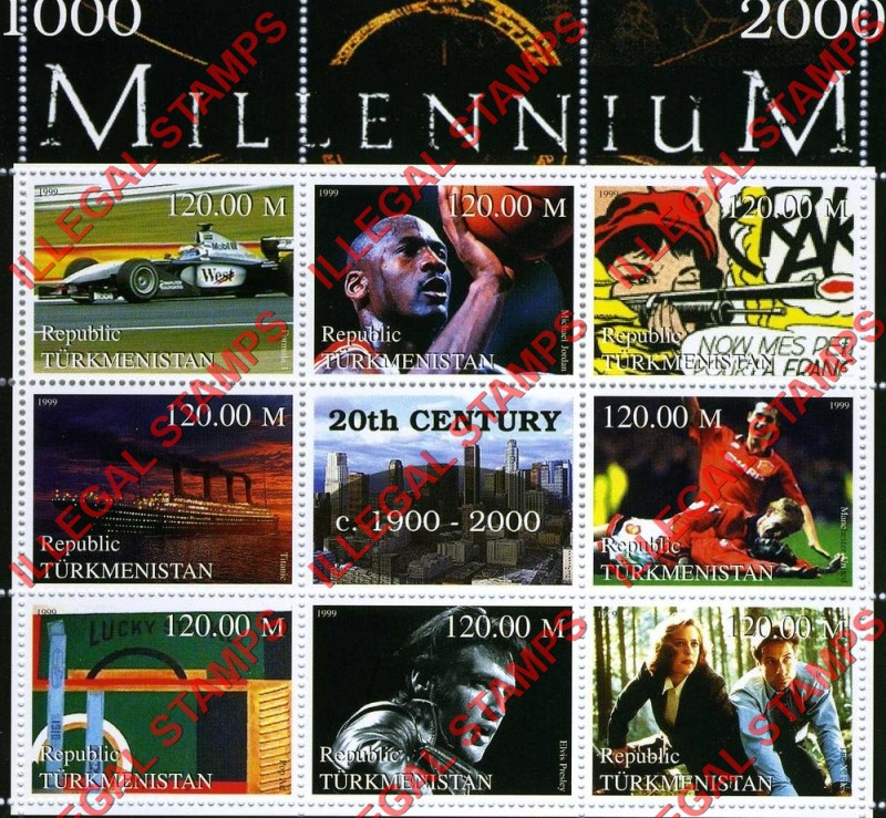 Turkmenistan 1999 Millenium Series 20th Century Illegal Stamp Souvenir Sheet of 6 (Sheet 3)