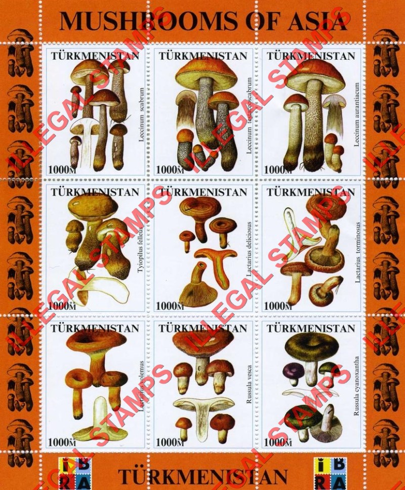 Turkmenistan 1999 Mushrooms of Asia with IBRA logo Illegal Stamp Souvenir Sheets of 9 (Sheet 1)