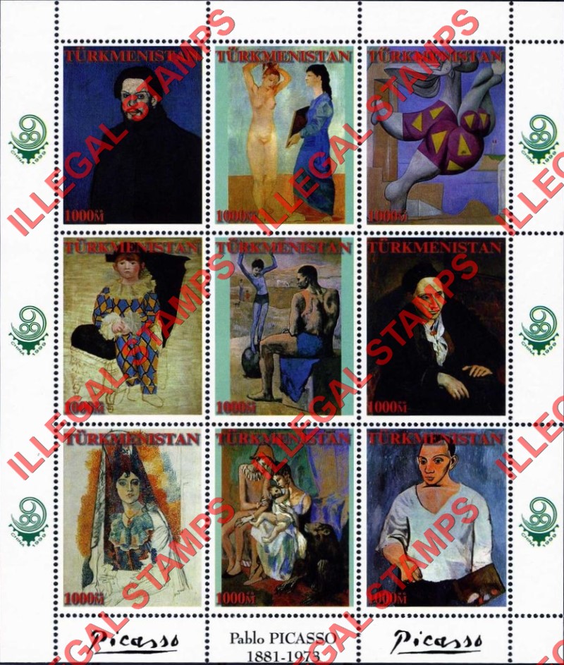 Turkmenistan 1999 Paintings by Picasso Illegal Stamp Souvenir Sheets of 9 (Sheet 1)
