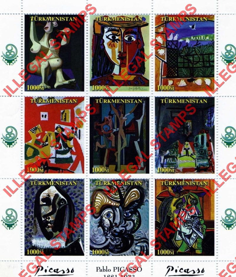 Turkmenistan 1999 Paintings by Picasso Illegal Stamp Souvenir Sheets of 9 (Sheet 2)