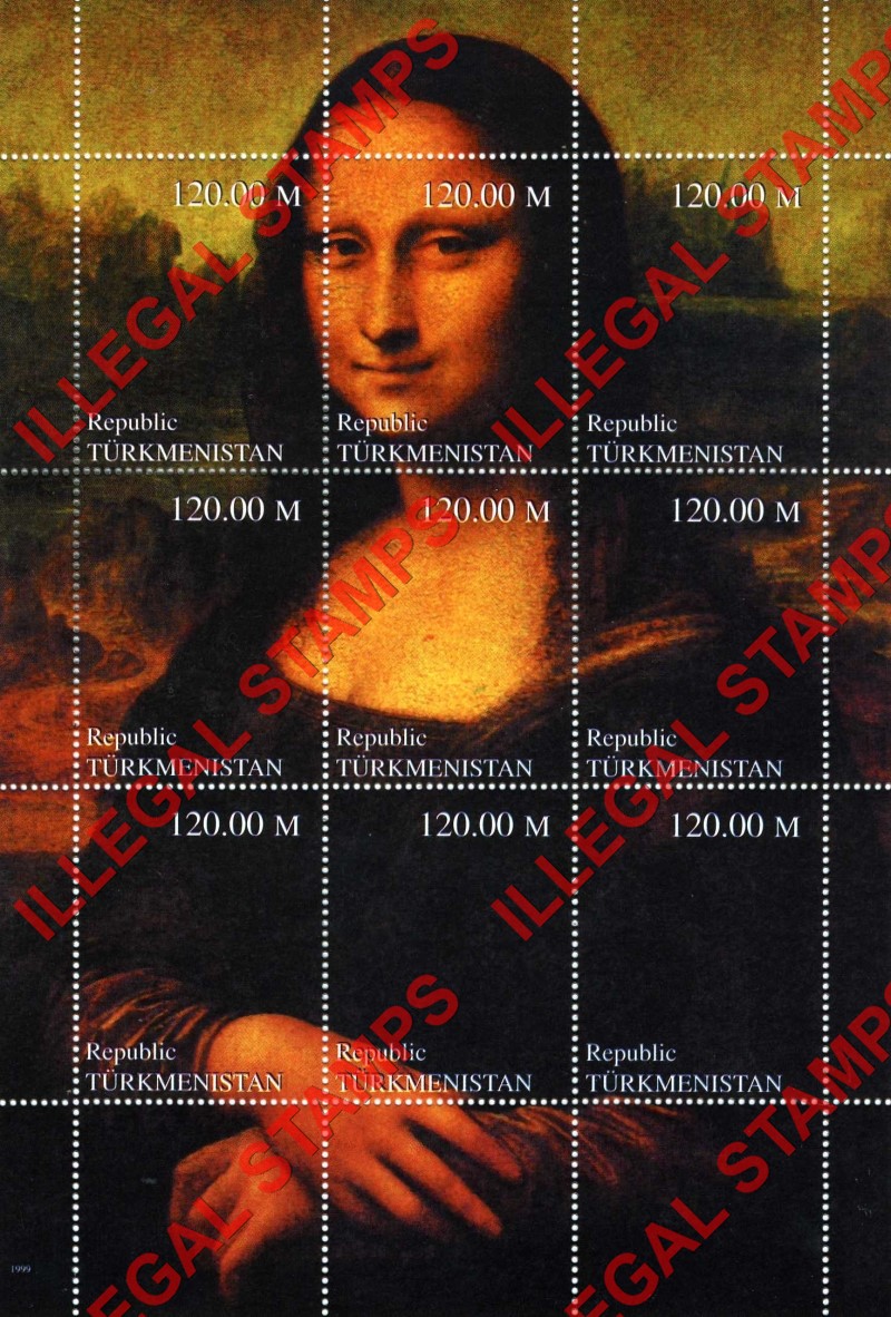 Turkmenistan 1999 Paintings Mona Lisa Illegal Stamp Souvenir Sheet of 9