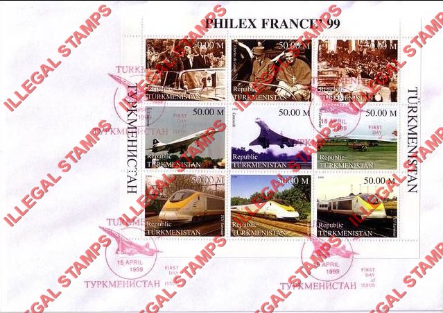 Turkmenistan 1999 PHILEX France Stamp Exhibition Illegal Stamp Souvenir Sheet of 9 on Fake First Day Cover