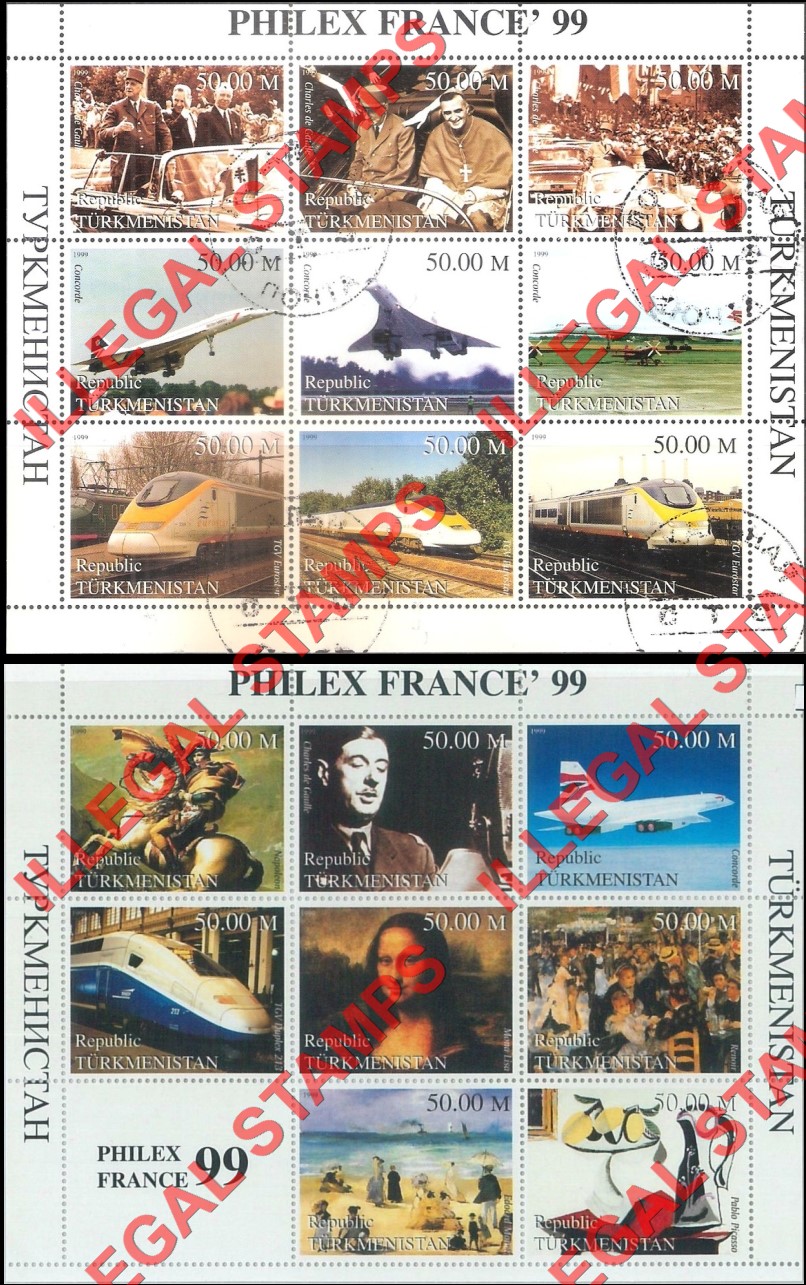 Turkmenistan 1999 PHILEX France Stamp Exhibition Illegal Stamp Souvenir Sheets of 9
