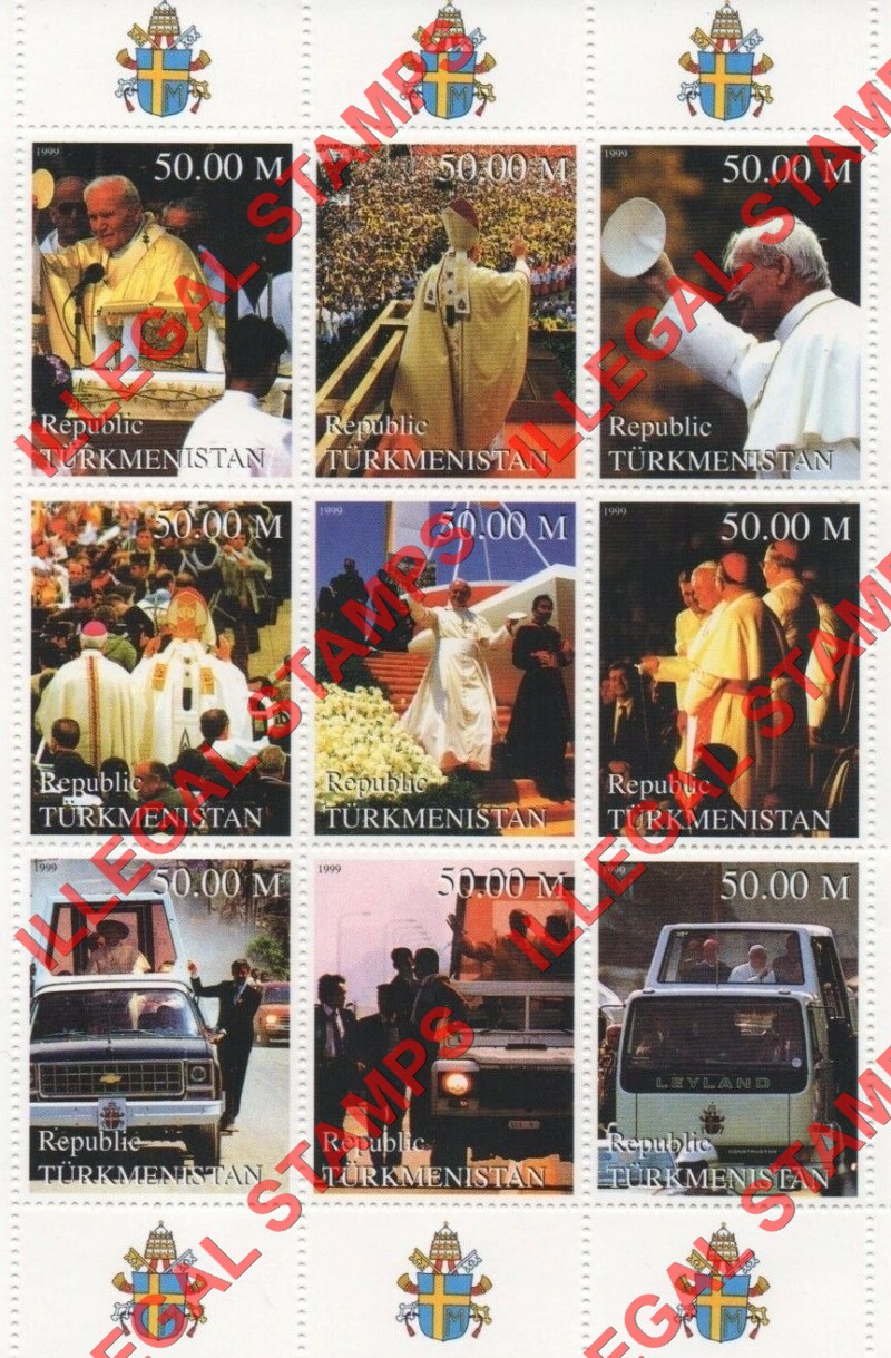 Turkmenistan 1999 Pope John Paul II Illegal Stamp Souvenir Sheet of 9