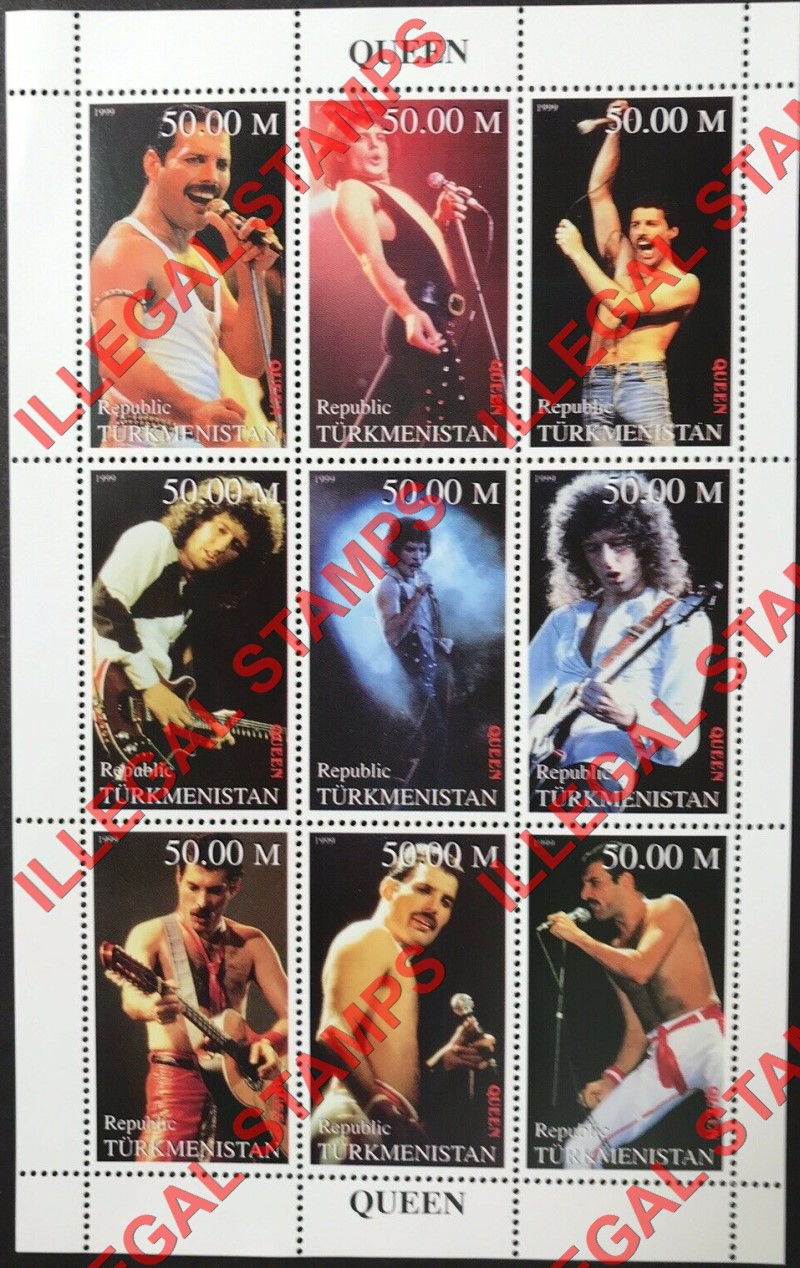 Turkmenistan 1999 Queen Freddie Mercury Illegal Stamp Souvenir Sheet of 9