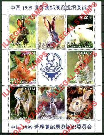 Turkmenistan 1999 Rabbits Illegal Stamp Souvenir Sheet of 8 Plus China Stamp Exhibition Label