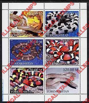Turkmenistan 1999 Snakes Illegal Stamp Souvenir Sheet of 6