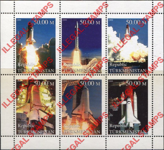 Turkmenistan 1999 Space Shuttle Illegal Stamp Souvenir Sheet of 6