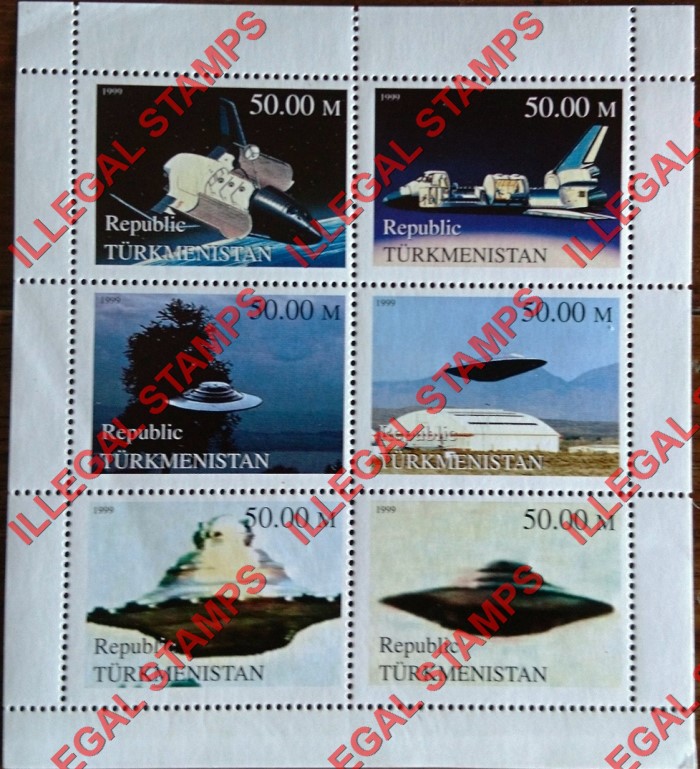 Turkmenistan 1999 Space UFO Flying Saucers Illegal Stamp Souvenir Sheet of 6