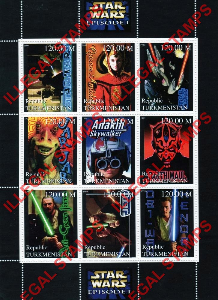 Turkmenistan 1999 Star Wars Episode I Illegal Stamp Souvenir Sheet of 9