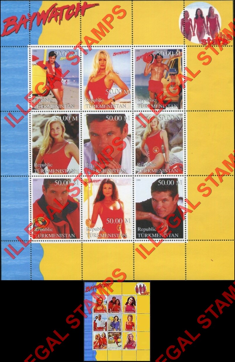 Turkmenistan 1999 Stars of Baywatch Illegal Stamp Souvenir Sheets of 9