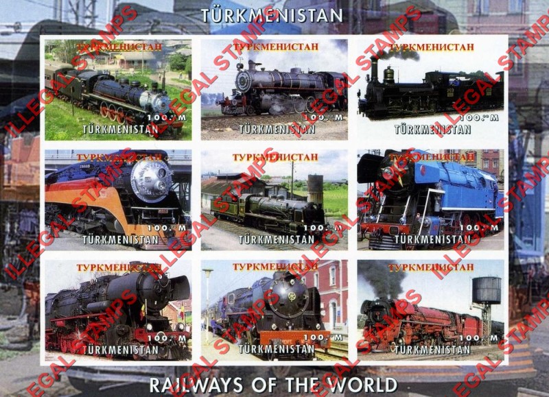 Turkmenistan 1999 Steam Locomotives Trains Illegal Stamp Souvenir Sheet of 9