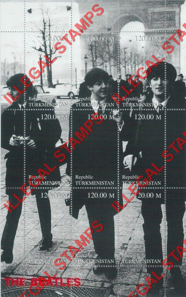 Turkmenistan 1999 The Beatles Illegal Stamp Souvenir Sheet of 9