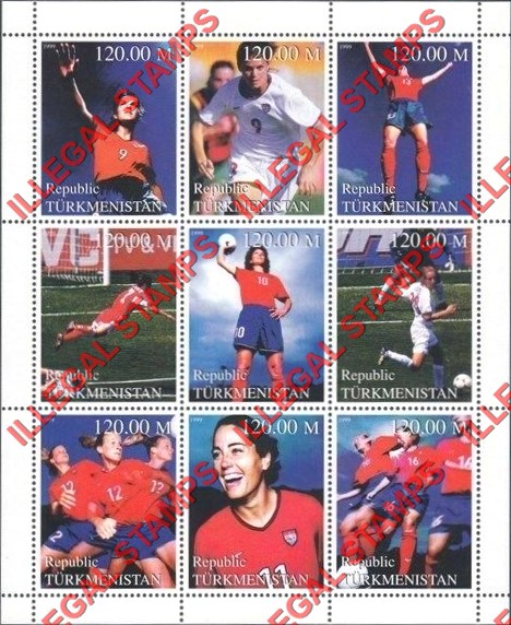 Turkmenistan 1999 Women's Soccer Football Illegal Stamp Souvenir Sheet of 9