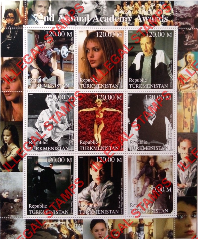Turkmenistan 2000 Academy Awards Illegal Stamp Souvenir Sheet of 9