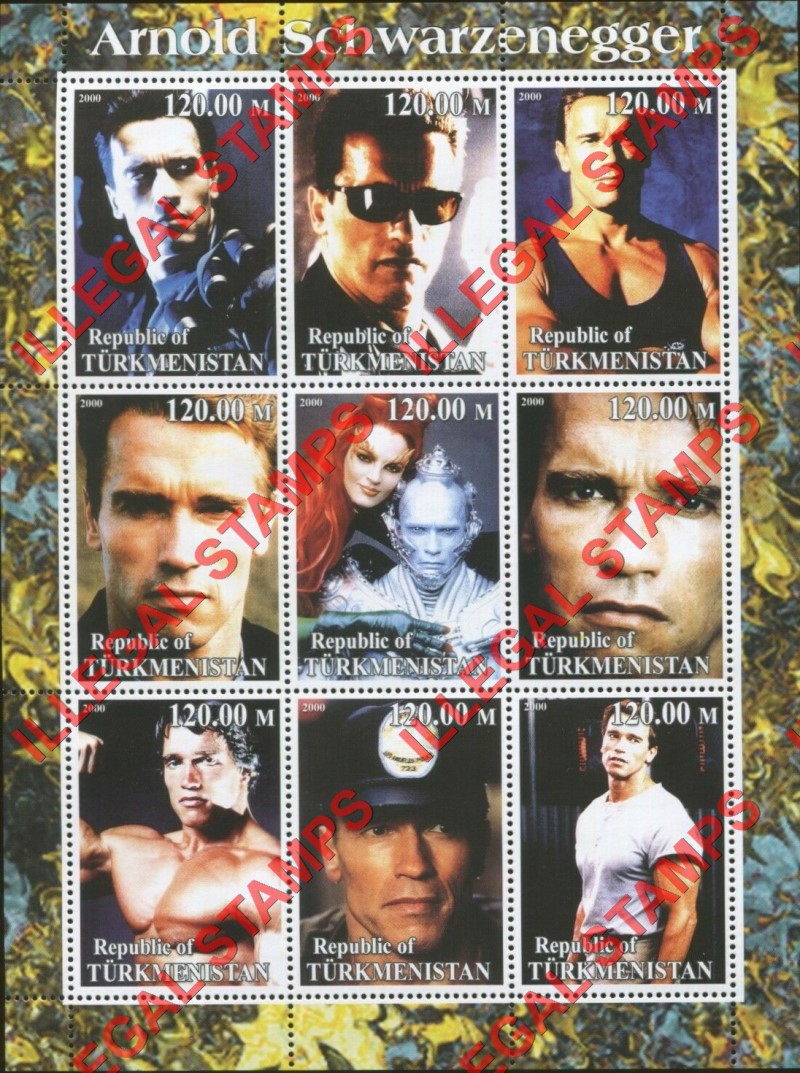 Turkmenistan 2000 Arnold Schwarzenegger Illegal Stamp Souvenir Sheet of 9