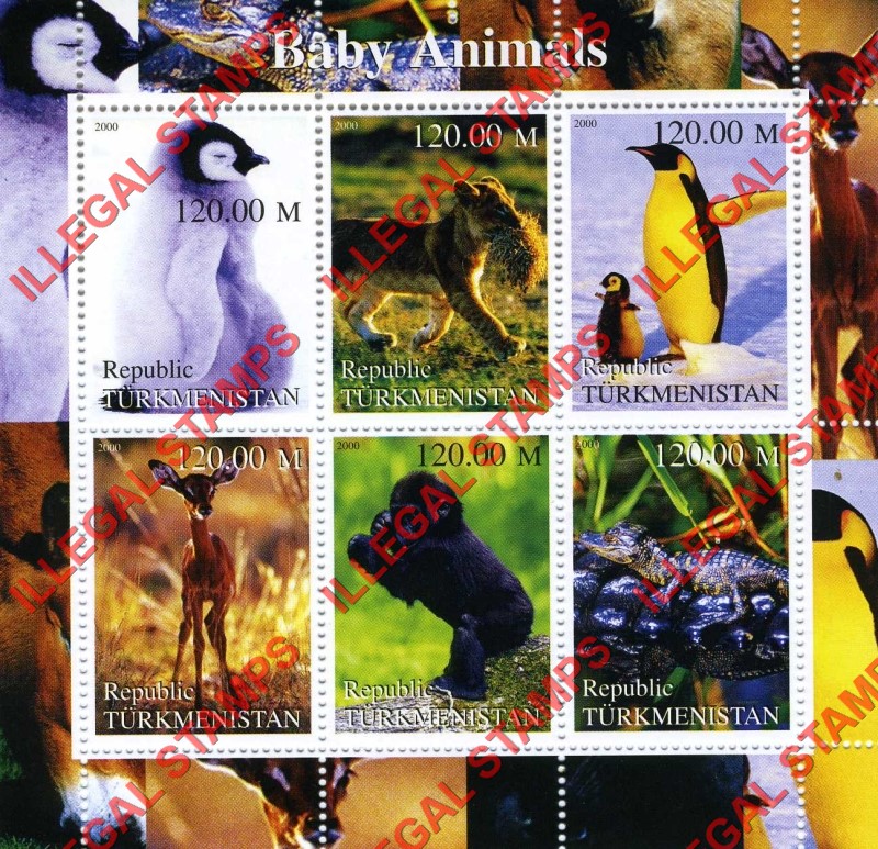 Turkmenistan 2000 Baby Animals Illegal Stamp Souvenir Sheet of 6