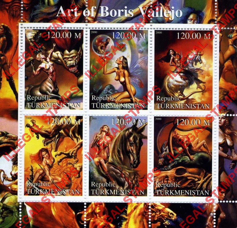 Turkmenistan 2000 Art of Boris Vallejo Illegal Stamp Souvenir Sheet of 6