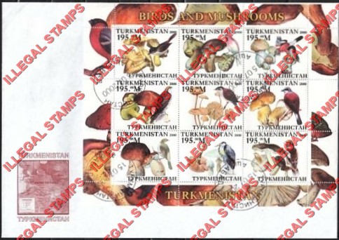 Turkmenistan 2000 Birds and Mushrooms Illegal Stamp Souvenir Sheet of 9 on Fake First Day Cover