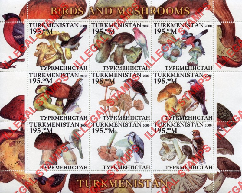 Turkmenistan 2000 Birds and Mushrooms Illegal Stamp Souvenir Sheet of 9