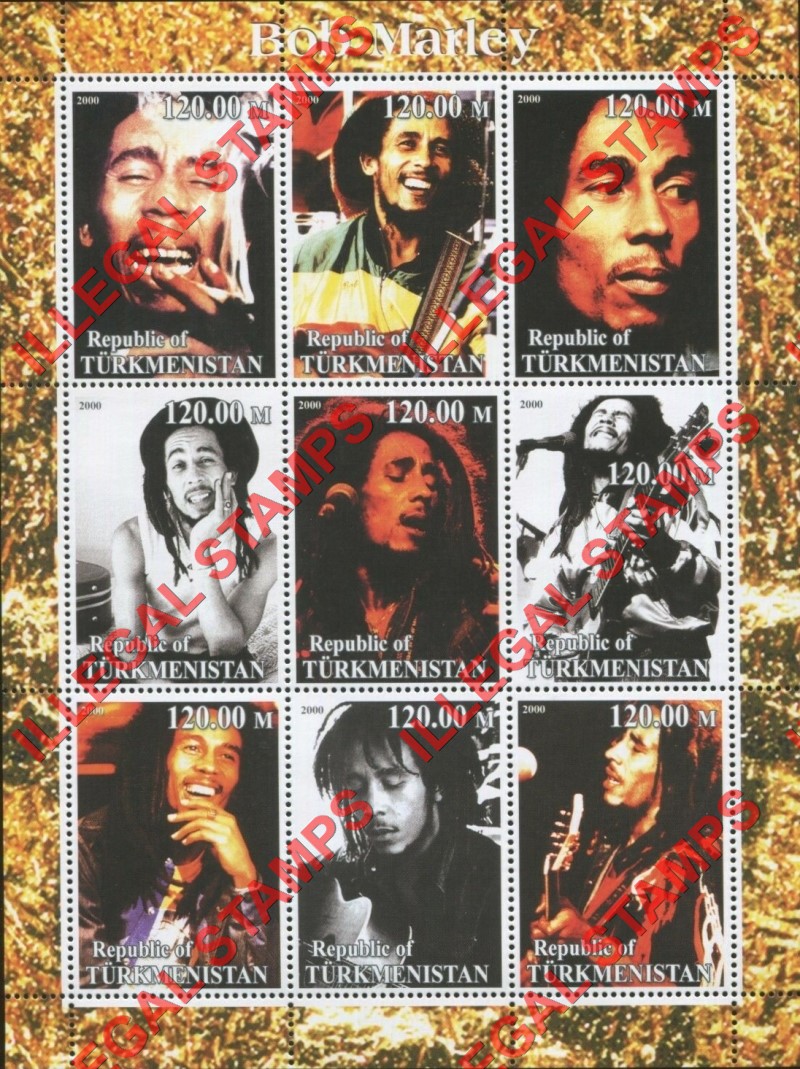 Turkmenistan 2000 Bob Marley Illegal Stamp Souvenir Sheet of 9