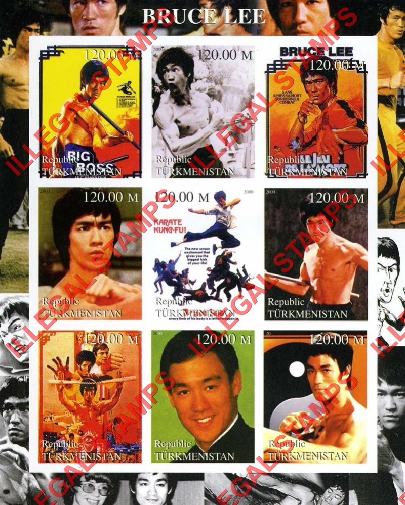 Turkmenistan 2000 Bruce Lee Illegal Stamp Souvenir Sheet of 9