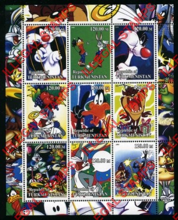 Turkmenistan 2000 Bugs Bunny and Looney Tunes Characters Illegal Stamp Souvenir Sheet of 9