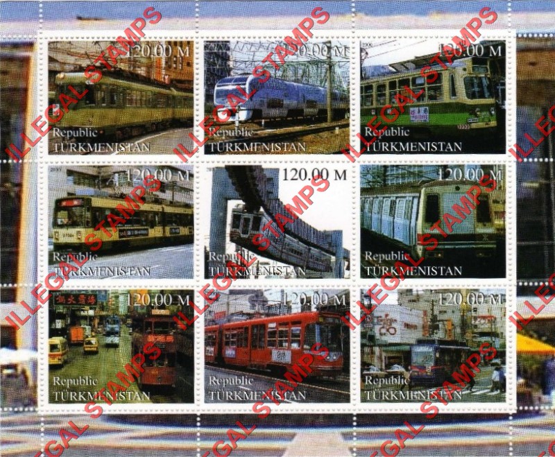 Turkmenistan 2000 Buses and Trams Metro Illegal Stamp Souvenir Sheet of 9