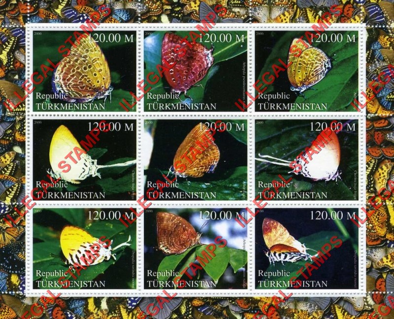 Turkmenistan 2000 Butterflies Illegal Stamp Souvenir Sheet of 9