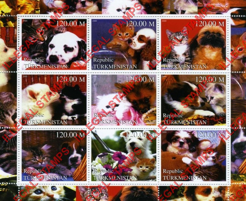 Turkmenistan 2000 Cats and Dogs Kittens and Puppies Illegal Stamp Souvenir Sheet of 9