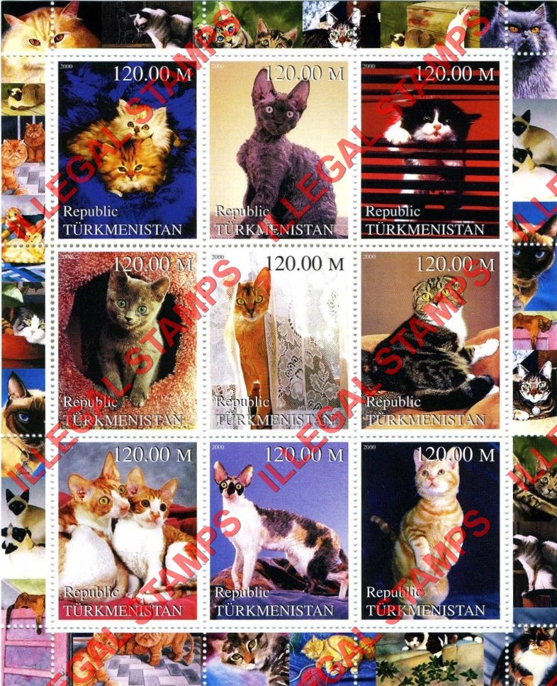 Turkmenistan 2000 Cats Illegal Stamp Souvenir Sheet of 9
