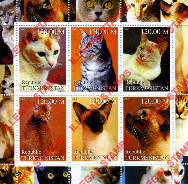 Turkmenistan 2000 Cats Illegal Stamp Souvenir Sheets of 6 (Sheet 1)