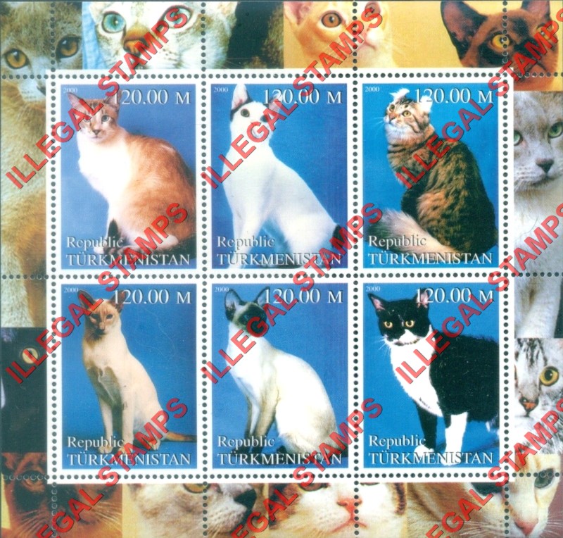 Turkmenistan 2000 Cats Illegal Stamp Souvenir Sheets of 6 (Sheet 2)