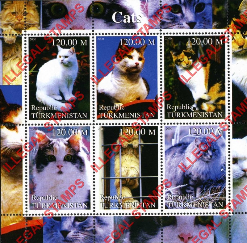 Turkmenistan 2000 Cats Illegal Stamp Souvenir Sheets of 6 (Sheet 3)