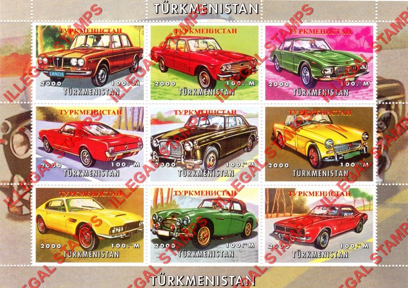 Turkmenistan 2000 Classic Cars Illegal Stamp Souvenir Sheet of 9
