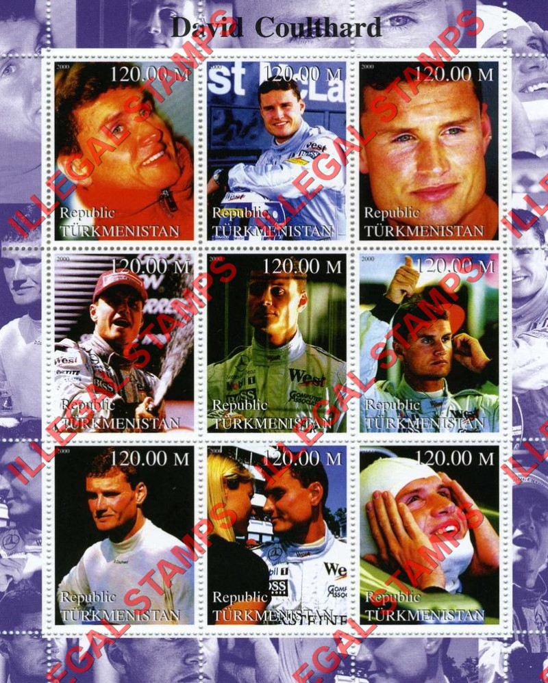 Turkmenistan 2000 David Coulthard Auto Racer Illegal Stamp Souvenir Sheet of 9