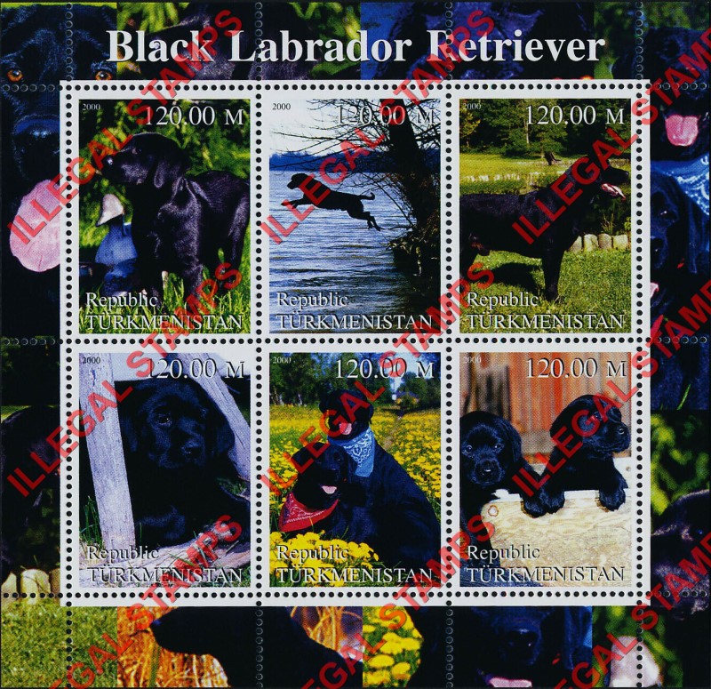 Turkmenistan 2000 Dogs Black Labrador Retriever Illegal Stamp Souvenir Sheet of 6