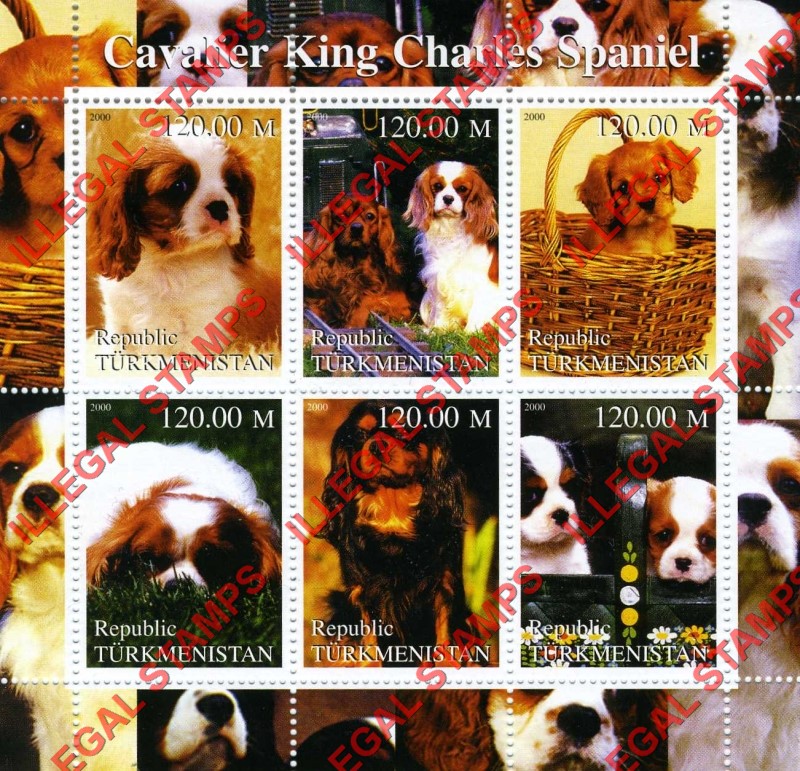 Turkmenistan 2000 Dogs Cavalier King Charles Spaniel Illegal Stamp Souvenir Sheet of 6
