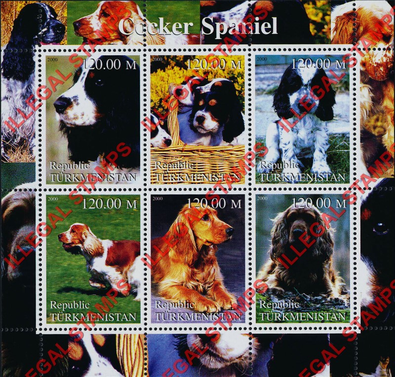 Turkmenistan 2000 Dogs Cocker Spaniel Illegal Stamp Souvenir Sheet of 6