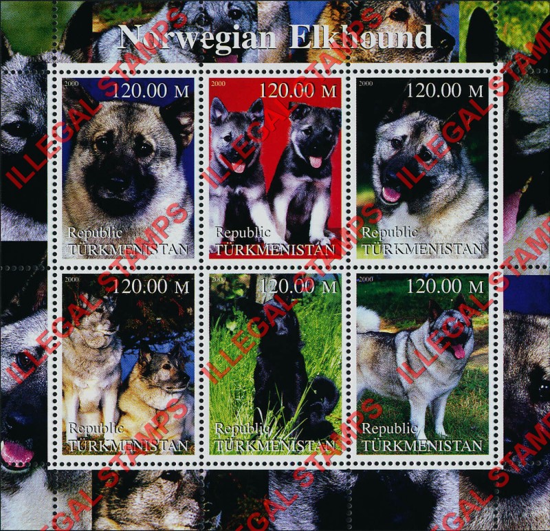 Turkmenistan 2000 Dogs Norwegian Elkhound Illegal Stamp Souvenir Sheet of 6
